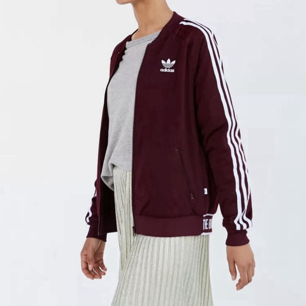 adidas Originals Track Jacket Women’s Small Burgundy 3-Stripes Trefoil Zip - Picture 2 of 7